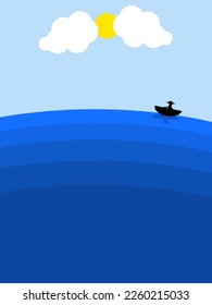 Illustration background design, blue ocean, clear sky, the sun shines brightly between the white clouds, fishermen are sailing. view of the ocean during the day
