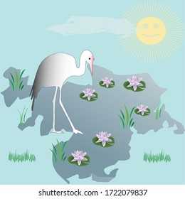 Illustration, background drawing A heron stands near a reservoir with water lilies