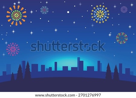 An illustration background featuring colorful fireworks bursting across the night sky and the city's silhouette.