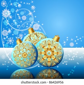  illustration background with festive ball and snowflake with reflection