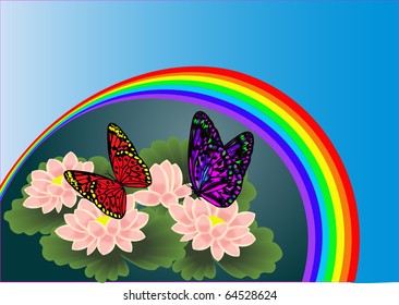 illustration background with flower lily by rainbow and butterfly