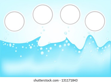 An Illustration Background of Four White Round Label Floating On A Blue Water and Clear Sky