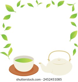 Illustration background frame of cute tea utensils and green tea