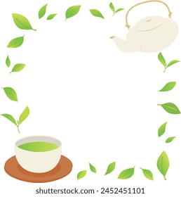 Illustration background frame of cute tea utensils and green tea