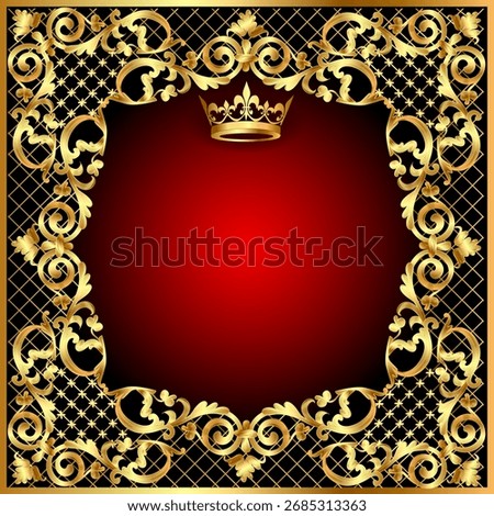 Illustration background frame with a golden pattern and a royal golden crown with precious stones