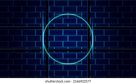 Illustration, background or frame of neon circle with highlights on a wall brick background.