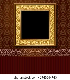 Illustration eines Hintergrundbildes für ein Bild, vergoldet mit einem gewebten volumetrischen Muster, das an einer Wand mit Tapete hängt