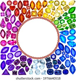 Illustration background frame of rich variety of colors of natural gemstones. 