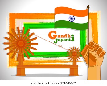 Illustration Background For Gandhi Jayanti, Independence Day, Republic Day with Charkha or Spinner an Hand with flag