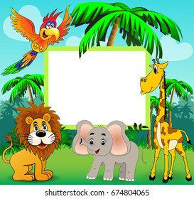 Illustration background with giraffe elephant lion and parrot on nature with palm trees and place for text