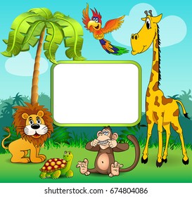Illustration background with giraffe monkey lion and turtle on a background nature with palm trees and place for text