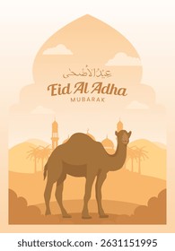 Illustration Background greeting Eid al-Adha with Islamic decoration for poster, social media, banner, cover design, with camel, mecca mosque, and lantern. Graphic for hajj day.