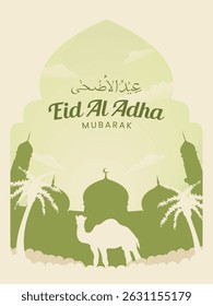 Illustration Background greeting Eid al-Adha with Islamic graphic in light green color, for poster, social media, banner, cover design, with camel, mecca mosque. Graphic for hajj day.