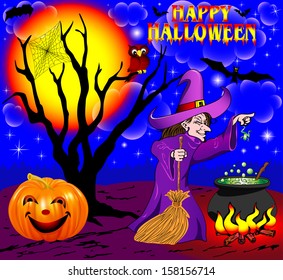 illustration background Halloween with the boiler of a tree and a sorceress