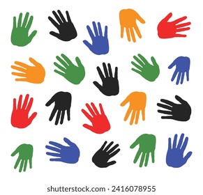 Ilustración de fondo de las manos en colores rojo, azul, verde, amarillo, negro y naranja sobre un fondo blanco