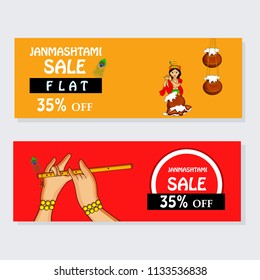 Illustration of background with headers with Lord Krishna for the occasion of Hindu religion festival Janmashtami