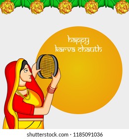 Illustration of background for Hindu 
 religious Festival Karwa Chauth celebrated in India