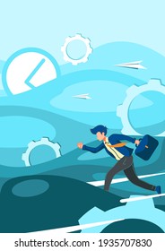 Concepto de ilustración Fecha límite Tiempo de prisa Carácter Empresario corriendo para trabajar con reloj de marcha azul Cartoon Papel vector

