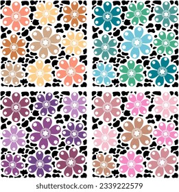 Illustration, background image, drawing, cute flower pattern, 4 tones, pastel yellow, pastel green, pastel purple, pastel pink.