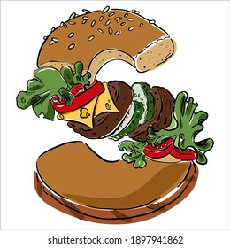 illustration of an background. The letter S in the fast food style. Vector. Hamburger. Fast food burger logo design for branded Food label and Restaurant Menu.