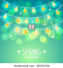 illustration background light bulbs with cute birds sitting on a wire
