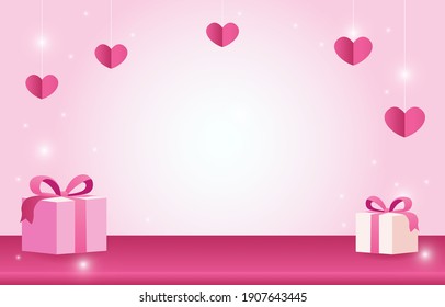 Illustration background Love Concept.Sweet pink color, perfect for Valentine's Day or love communication.Illustration with hearts and pink gift boxes, design for banner, invitation card, coupon.