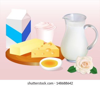 illustration background with milk butter cheese, eggs and 