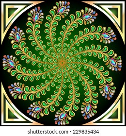 illustration background with peacock feather gem stones