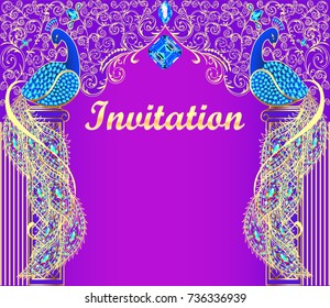 illustration background with peacock with gold ornament and precious stones