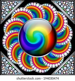illustration background with precious stones in the shape of a flower rainbow