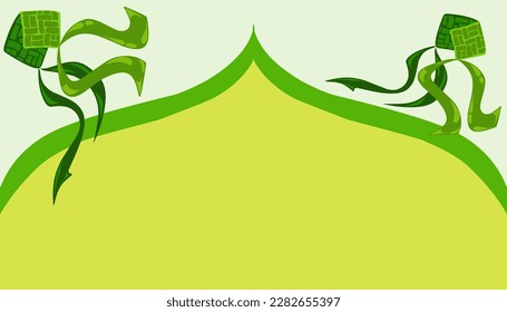 The illustration background with a Ramadan and Eid themed design, has a steamed diamond shaped rice or ketupat and has green and yellow elements. This design is perfect for posters, greeting cards
