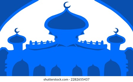 The illustration background with a Ramadan and Eid themed design, has a blue mosque image. This design is perfect for posters, greeting cards, website wallpapers
