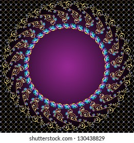 illustration of the background of the round frame with precious stones and gold ornaments