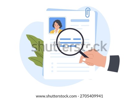 Illustration of Background Screening and Resume Check. A magnifying glass is used to scrutinize a candidate's resume, symbolizing detailed background screening, profile verification.