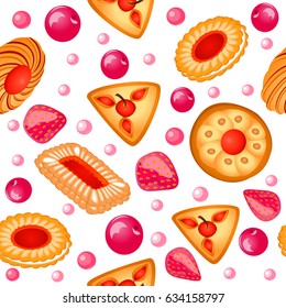 Illustration background seamless with fruit biscuits with jelly berries, caramel and strawberries