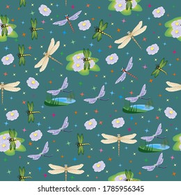 Illustration background seamless pattern with dragonflies flowers and grass.