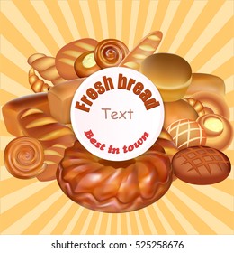 Illustration background set of fresh bread baked the best in town. Rolls, baguettes, croissants and tarts