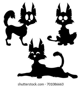 Illustration background with set of hand-drawn cat silhouettes in black and white. Happy Halloween. Vector design.