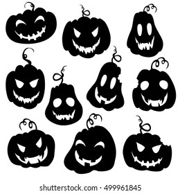 Illustration background with set of hand-drawn pumpkin silhouettes in black and white. Happy Halloween. Vector design.