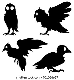 Illustration background with set of hand-drawn raven and owl silhouettes in black and white. Happy Halloween. Vector design.