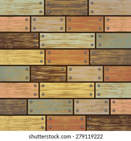 Illustration of background from shabby wooden planks with cracked color paint and nail borders
