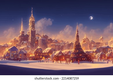 illustration background of snowy city on winter good for print on Christmas greeting 