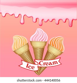 Illustration background with strawberry cream and a set of fruit ice cream with a ribbon