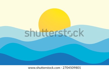 Illustration background of sunrise or sunset over wavy blue ocean