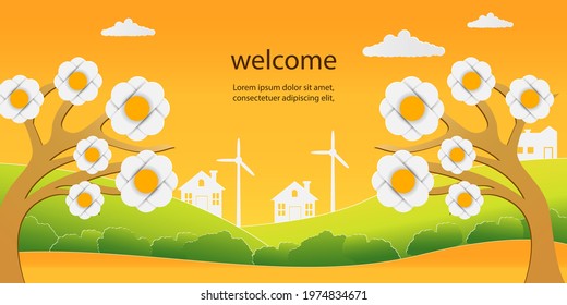 Illustration Background of Sunset View in the Park with 3d Paper Cut Flower and Trees. Paper Art Illustration View Landscape