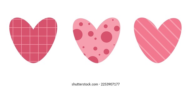 illustration of a background with three pink hearts striped, in a cage and with circles, suitable for a banner, stickers, flyers, postcards, logo