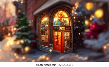 illustration background of toy shop on winter good for print on greeting card