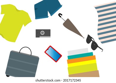 Ilustración de los antecedentes de una carpeta de viaje que incluye: Toalla de playa, gafas, smartphone, cámara, maleta, paraguas, camiseta y pantalones cortos. Imágenes vectoriales con fondo blanco.