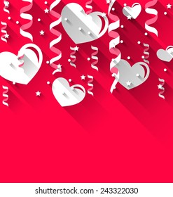 Illustration background for Valentines Day with paper hearts, streamer, stars, trendy flat style - vector