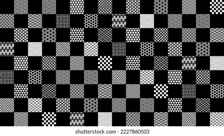 Illustration of a background in which square tiles with various Japanese patterns are arranged in a checkered pattern